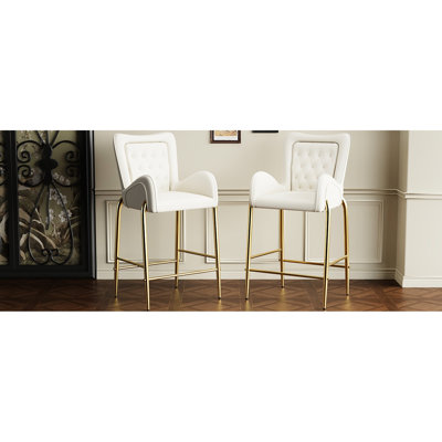 Tabourets de bar de 2, hauteur de comptoir de 28,75 pouces, tissu en velours blanc avec accents dorés et siège rembourré de mousse, chaises de salle à manger modernes, structure en hauteur, sièges pour la cuisine et la salle à manger,