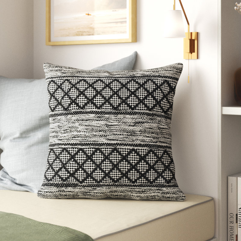 Hand-Woven Black and White Cotton Geometric Pillow Cover