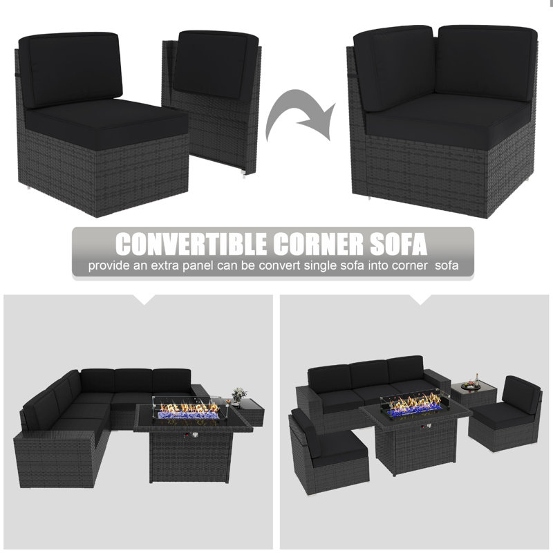  7 Pieces Outdoor Patio Furniture Set with 44" Fire Pit Table Rattan Sectional Sofa Conversation Sets, Black, Black