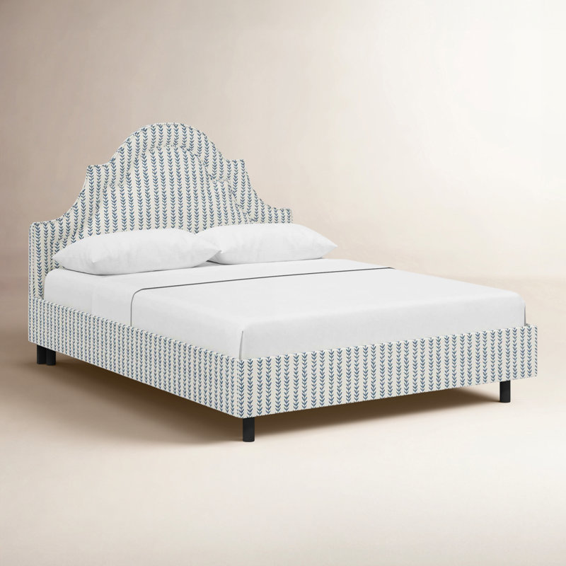 Knipe Upholstered Scalloped Bed, King, Vine Stripe Dusty Blue