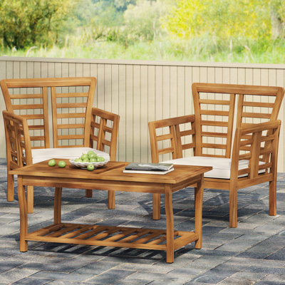 Wood 2 Club Chairs + Table With Slat Panels, Weather- For Outdoor Living In Brown Modern Chair And , Weather , Panel Design, Assembly Needed, Brown, 27.45 In.depth, 24.11 In.width, 33.25 In.height