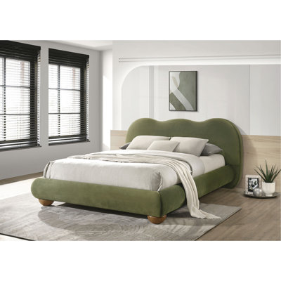 Lit olive contemporain, très grand lit oriental, revêtement bouclé et velours, bois d'ingénierie en bois massif, structure à profil bas en bois d'hévéa