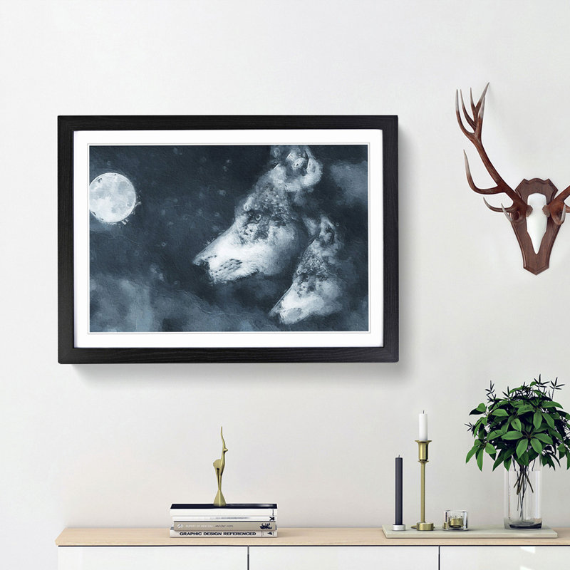 Wolves in the Moonlight - Picture Frame Painting Print, 48cm H x 65cm W x 2cm D, Black Framed