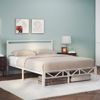 Structure de lit double avec tête et pied de lit, lit plateforme robuste en métal facile à installer, support antidérapant et silencieux, aucun sommier nécessaire avec rangement sous le lit, mobilier de chambre moderne, blanc