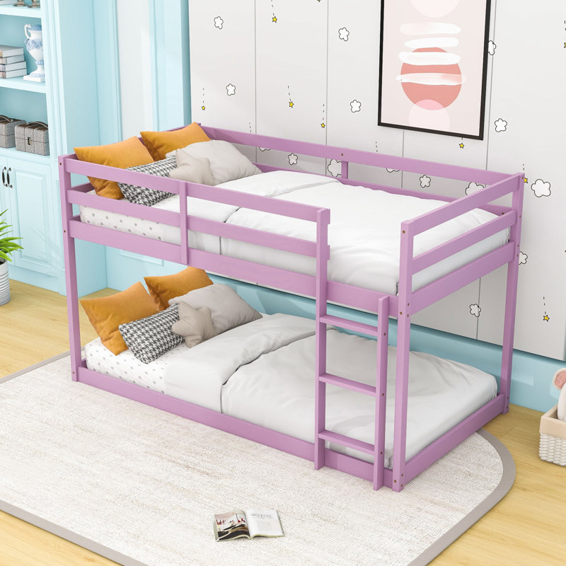 Twin Over Twin Wood Bunk Bed With Ladder And Guardrails, Pink
