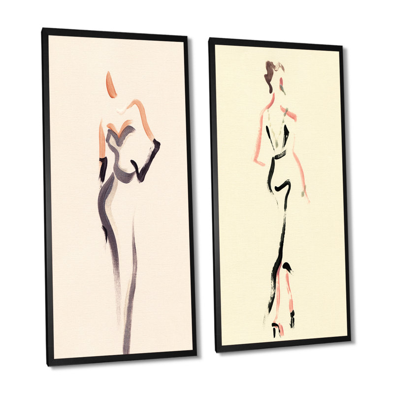 «Fashion Woman Line Art X», ensemble de 2 peintures sur toiles, H 40 po x l 40 po x P 1 po, Cadre photo noir