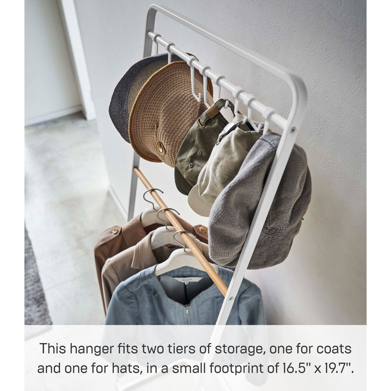 White Steel Freestanding Coat Rack with Wooden Bar and Hooks