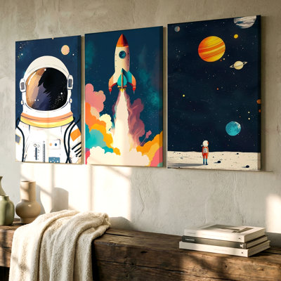 3 Pieces Astronaut and Rocket Space Exploration Large Wall Art for Home Decor, Three Pieces Wall Art for Living Room, Bedroom, Office, and Home Decor