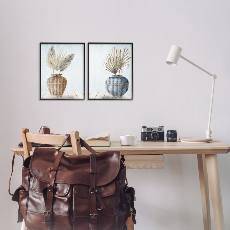 Palms in Rattan Planters 2 PC Framed Giclee Art Set by Kim Allen, Black Frame, 14" H x 11" W