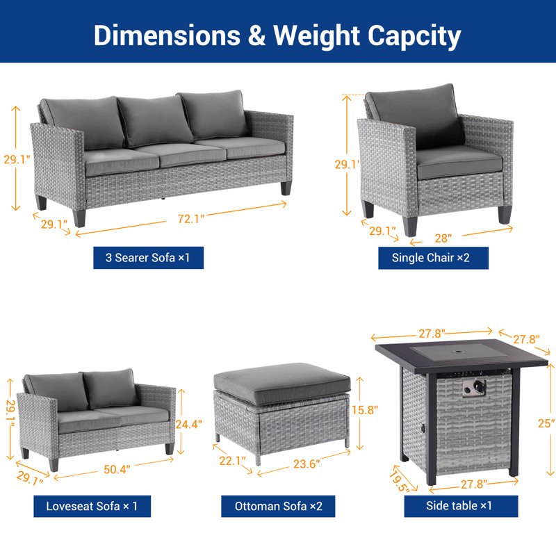 7-Pieces Patio Sofa Sets with 28'' Fire Pit Table, PE Rattan Wicker for Patio , Deck and Yard, Gray, Gray