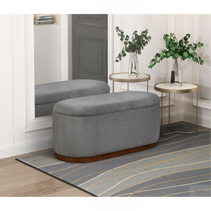 Sio Storage Bench, Ribbed Grey Corduroy, 43 Inch Walnut Brown Wood