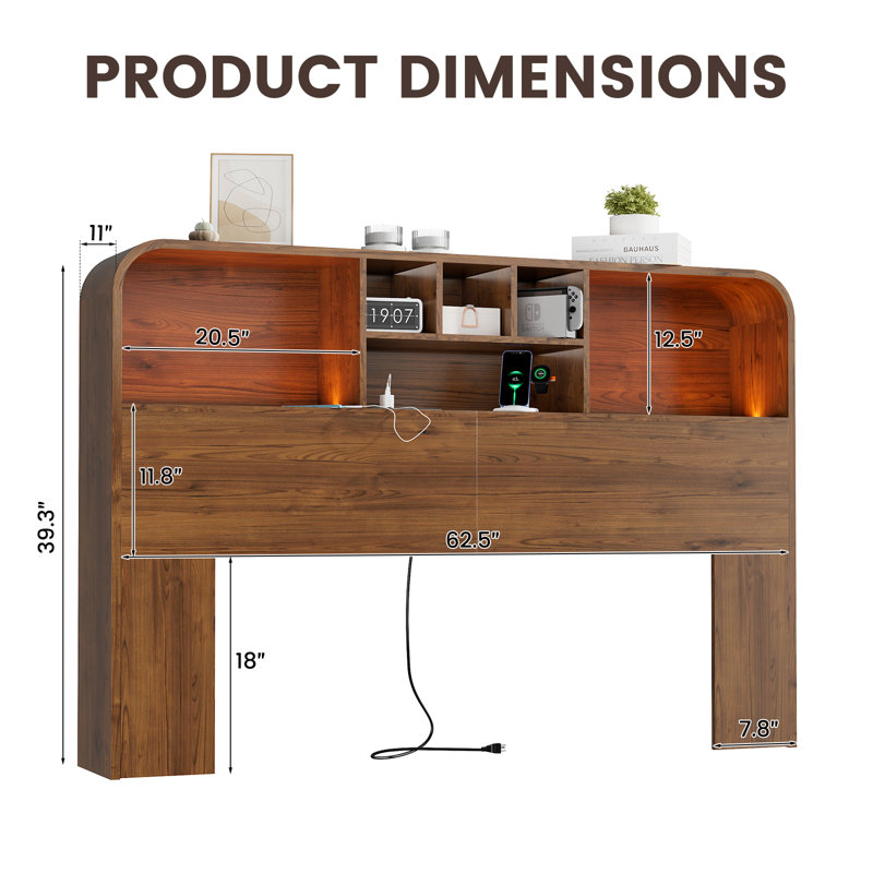 Tête de rangement avec lumières DEL et station de charge, Grand lit, Marron