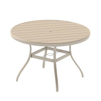 All - Weather Outdoor Round Dining Table For 4 6, Colored Metal With Adjustable Umbrella Hole Deck, Poolside, Garden. Quality Construction Bent Legs, Hand Polished Finish, And Quick To Install