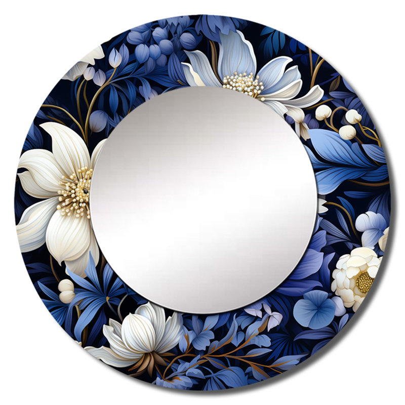 Fleurs indigo foncé au clair de lune - miroir décoratif botanique, miroir mural rond bleu, impression d'art en métal