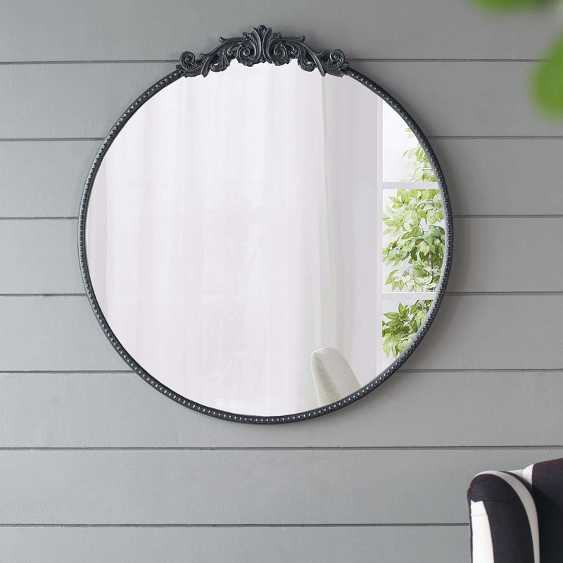32" Black Round Mirror with Baroque-Inspired Detailing