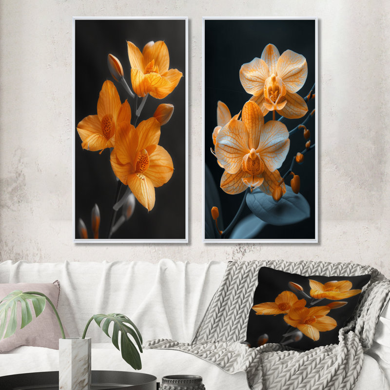 «I», ensemble de 2 pièces d'art mural orchidées, H 28 po x l 24 po, Impression encadrée, Blanc