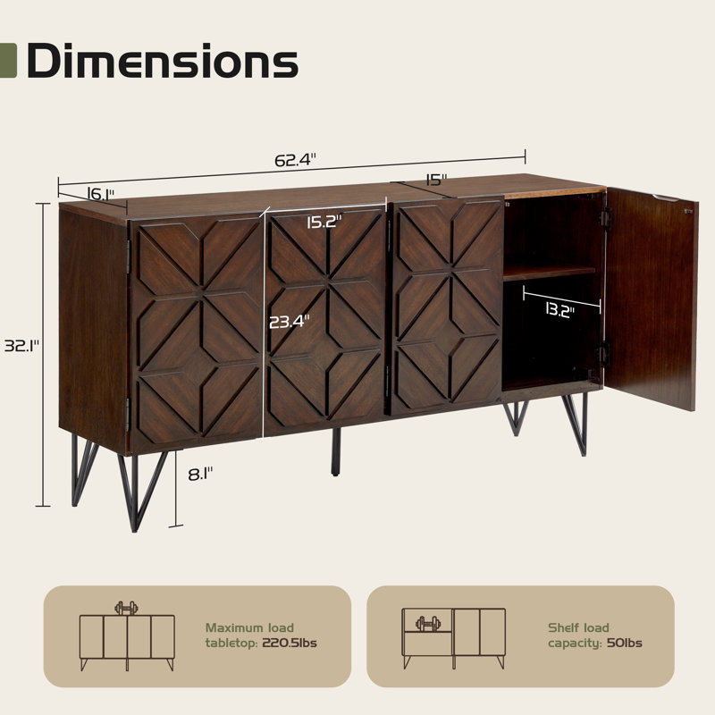 62" Solid Wood Sideboard With Hand-Carved Door Panel, Walnut Brown