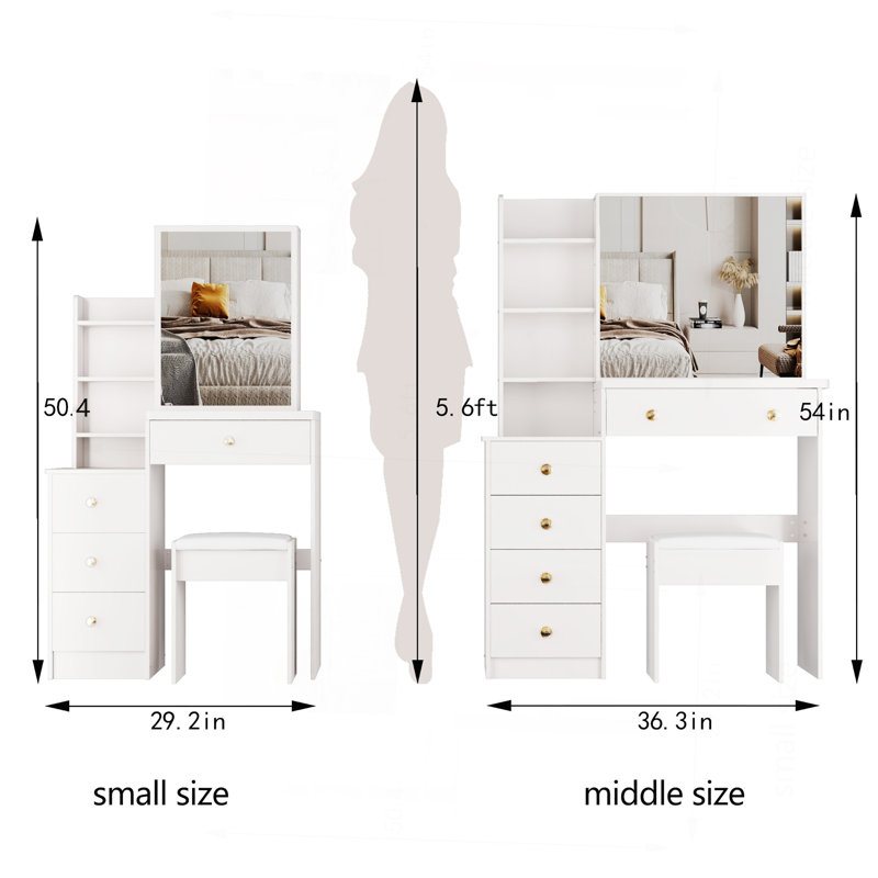 Petite coiffeuse 29,2 po avec tabouret de chevet gauche + tabouret rembourré, très grand miroir coulissant à droite, rangement multi-couches à grande capacité, commode pratique et pratique, convient aux petits espaces