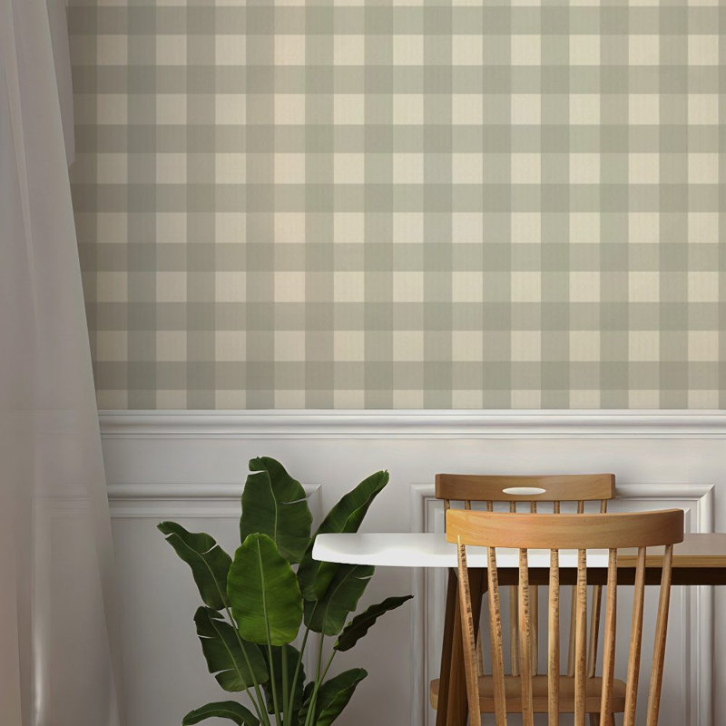 Sage Green Gingham Check Wallpaper With Soft Plaid Pattern, 80" L x 120" W