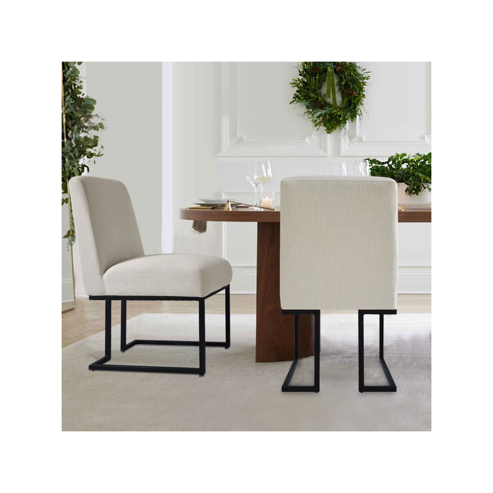 Bende Modern Fabric Upholstered Side Chairs with Metal Sled Base, Cream
