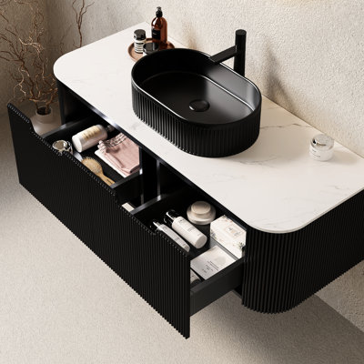 48" Modern Bathroom Vanity With Black Ceramic Vessel Sink, 2 Drawers, Matte 3D Striped Cabinet, Ample Storage, Countertop