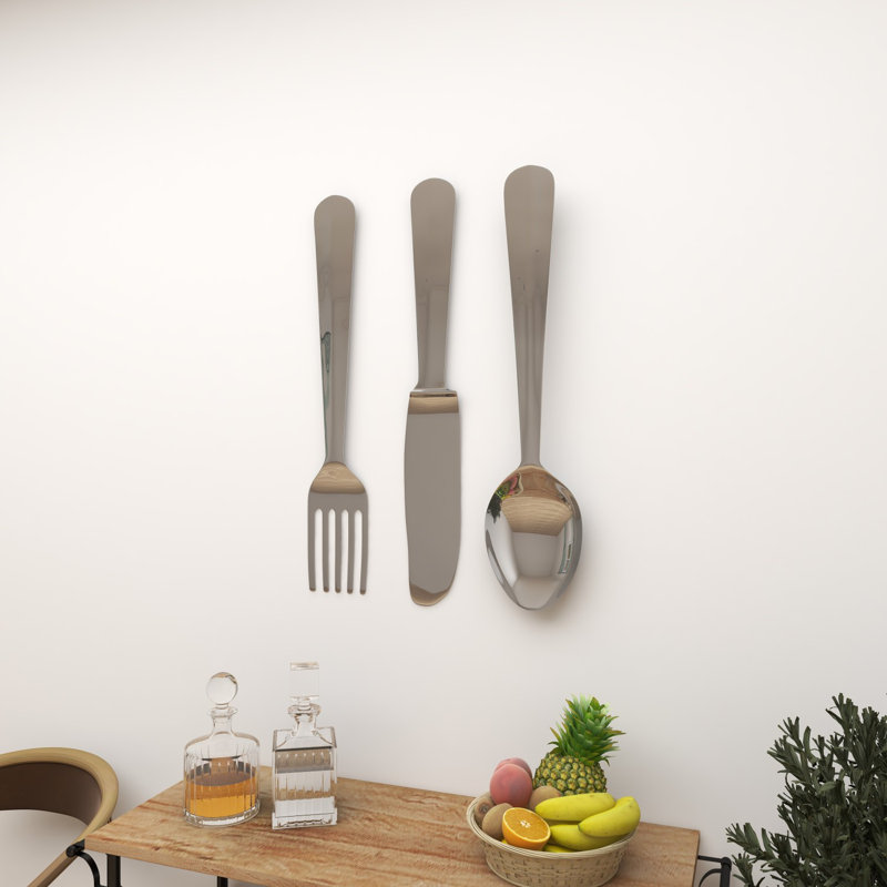 Ensemble de 3 décorations murales en aluminium pour couteaux, cuillères et fourchettes, Argent argent