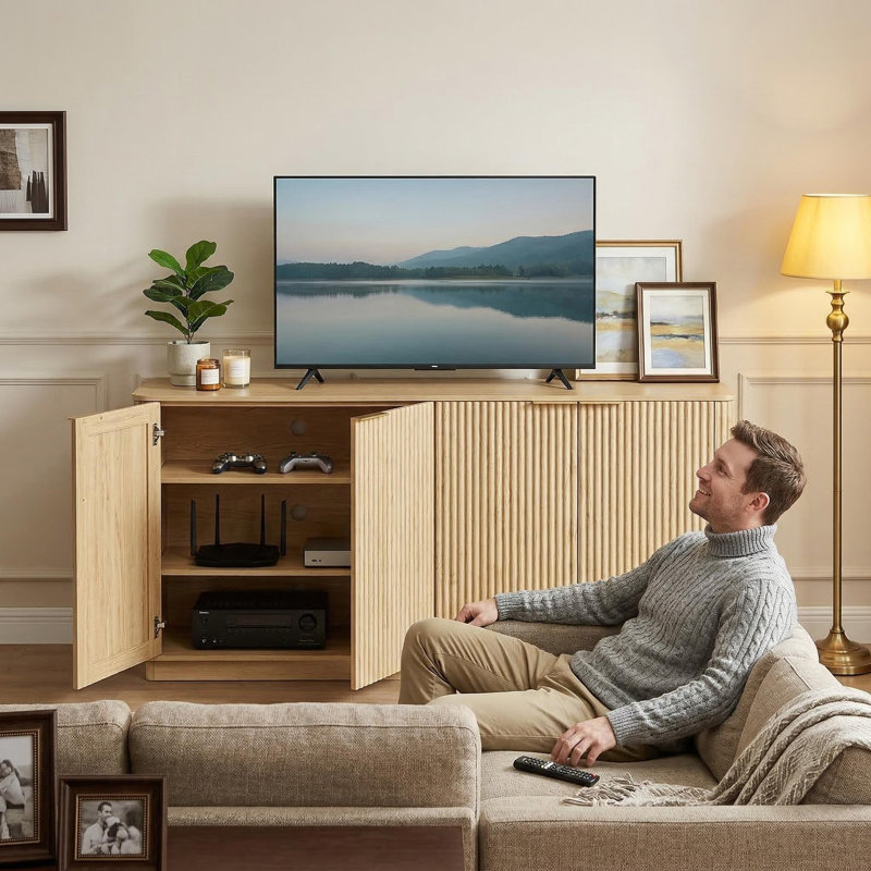 Modern 4-Door Fluted Storage Cabinet, Wood Accent Sideboard With Gold Handles, Freestanding Console Table, Wood