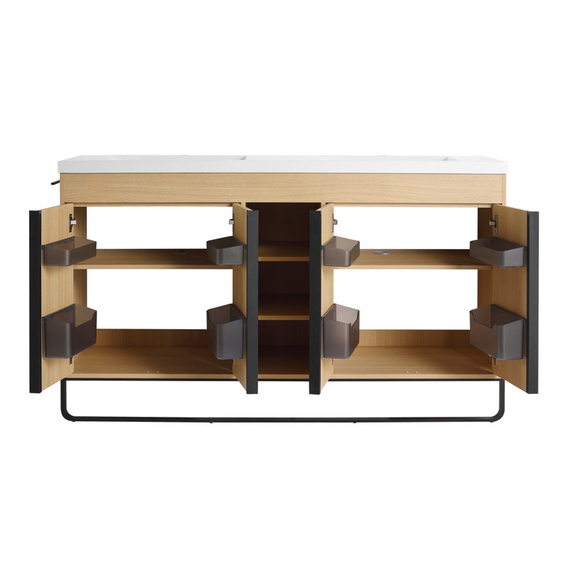 Meuble-lavabo autoportant 60 po en chêne avec lavabo double en résine, portes à fermeture douce, tablettes de rangement ouvertes et quincaillerie en aluminium