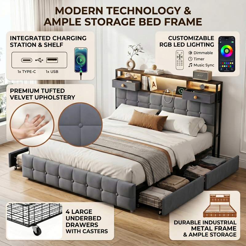 Velvet Storage Bed with 4 Drawers, Tufted Headboard with RGB LED & Charging Station, Beige/Grey, EU Double & King Size 140/160x200cm