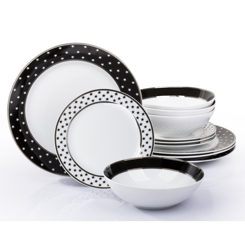 Waterside 12pc Star Porcelain Dinner Set with Platinum Rim, Black