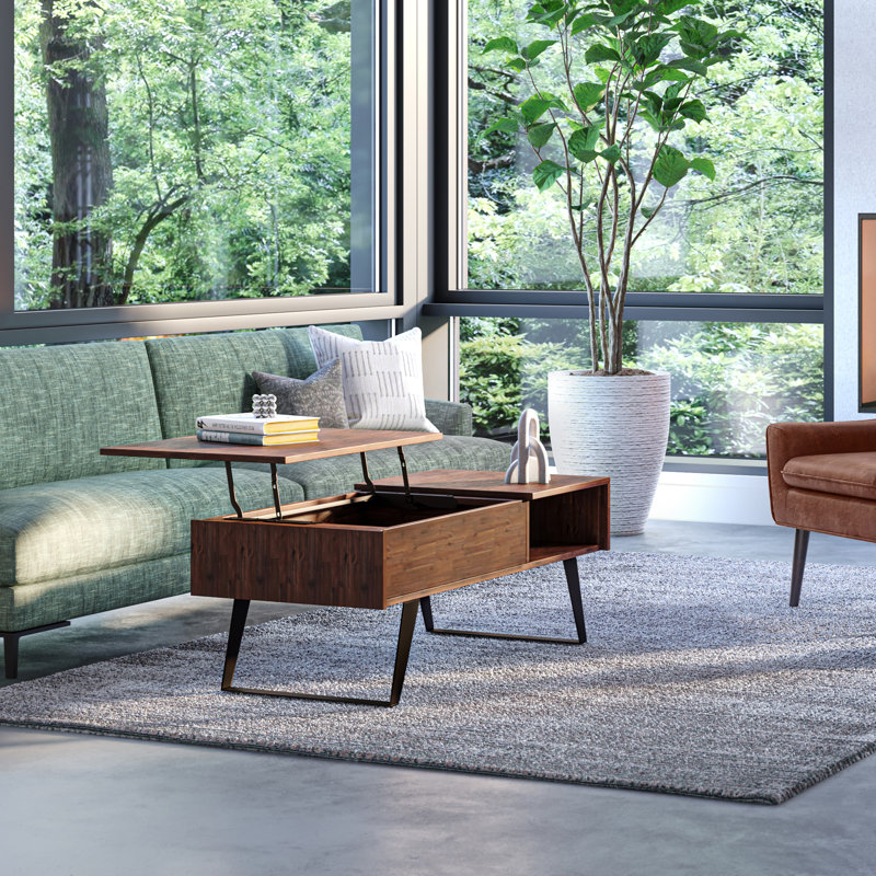 Lowry 48"W Solid Acacia Wood and Metal Modern Industrial Lift Top Coffee Table with Hidden Storage and Open Shelf