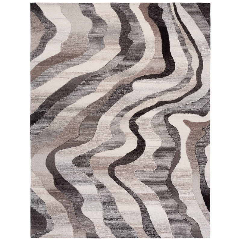 Natajah Ebony Hand Tufted Wool Cotton Abstract Rug in Grey/Ivory, Rectangle 6' x 9'
