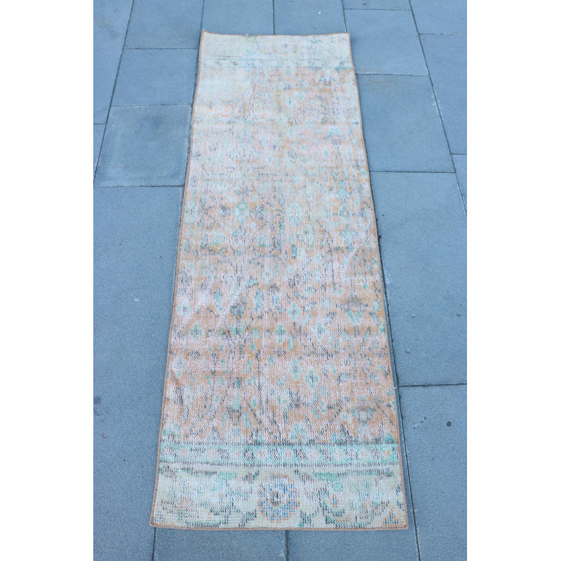 Vintage Turkish Oushak Runner Rug in Faded Orange with Wool Tassels - Ideal for Hallways