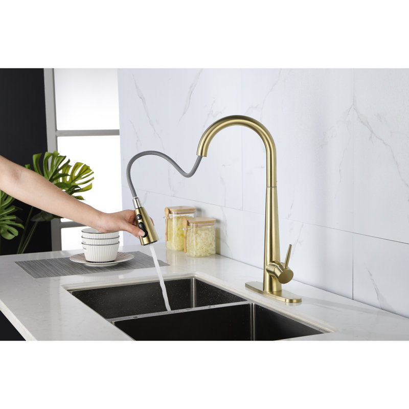 Robinet de cuisine escamotable doré - empreinte digitale, installation sur une plate-forme à un trou, sortie de jet rotative à 360 °, robinet d'évier en acier inoxydable avec empreinte digitale à tête rétractable, installation, refoulement rotatif