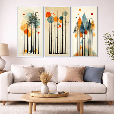«Summer Valley Pine Forest Silhouettes - Orange Pine Trees», reproduction sur toile encadrée 3 pièces