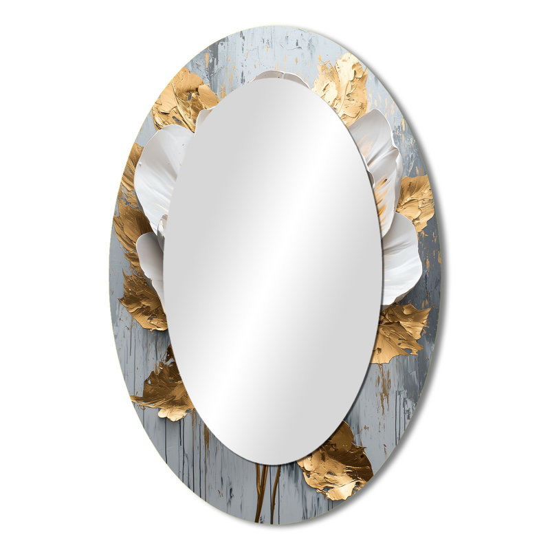 Pivoine blanche et dorée Bloom I - miroir mural ovale blanc, 36 po x 24 po