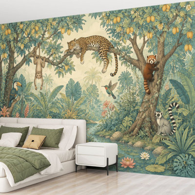 Wall Mural Peel and Stick Wallpaper Woodland Animals Pastel Forest Trees Pond Self-Adhesive Removable Contact Paper Wall Decor for Living Room Bedroom 69"H x 96"W