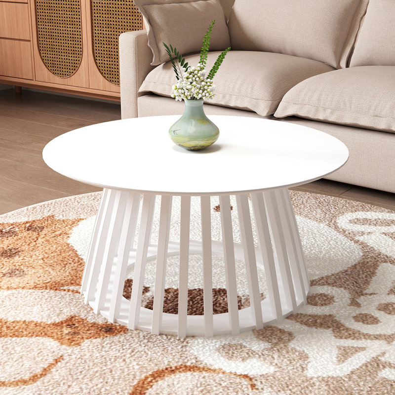 Solid Wood Base Single Coffee Table Round Coffee Table Modern Tea Table For Living Room, White