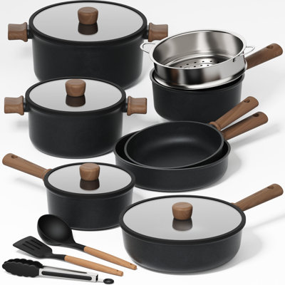 CAROTE 15-Piece Black Pots And Pans Set Non Stick, Induction Cookware Set, Aluminum Kitchen Cooking Set