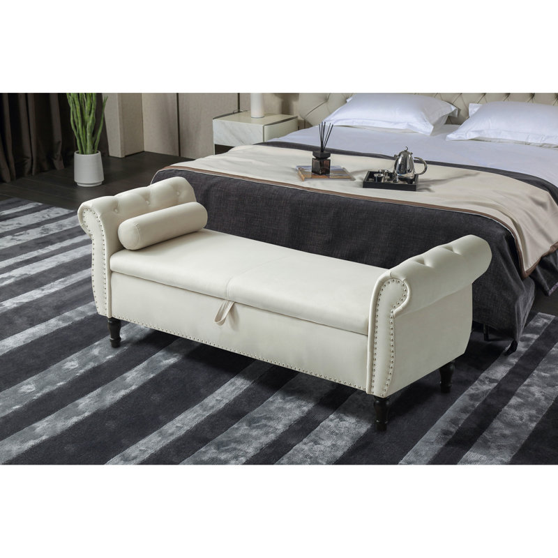 Aijia 63 "Velvet Multifonctionnel Banc de rangement rectangulaire Canapé Tabouret Boutons capitonnés cloutés avec repose-pieds et pieds en bois massif avec 1 coussin