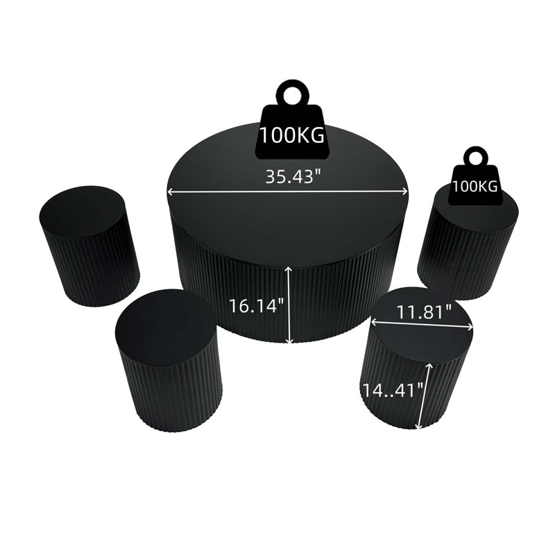 Set Of 5 Modern Round Wave Stripe Coffee Tables, One 35.43" Coffee Table + Four 11.81" Coffee Tables