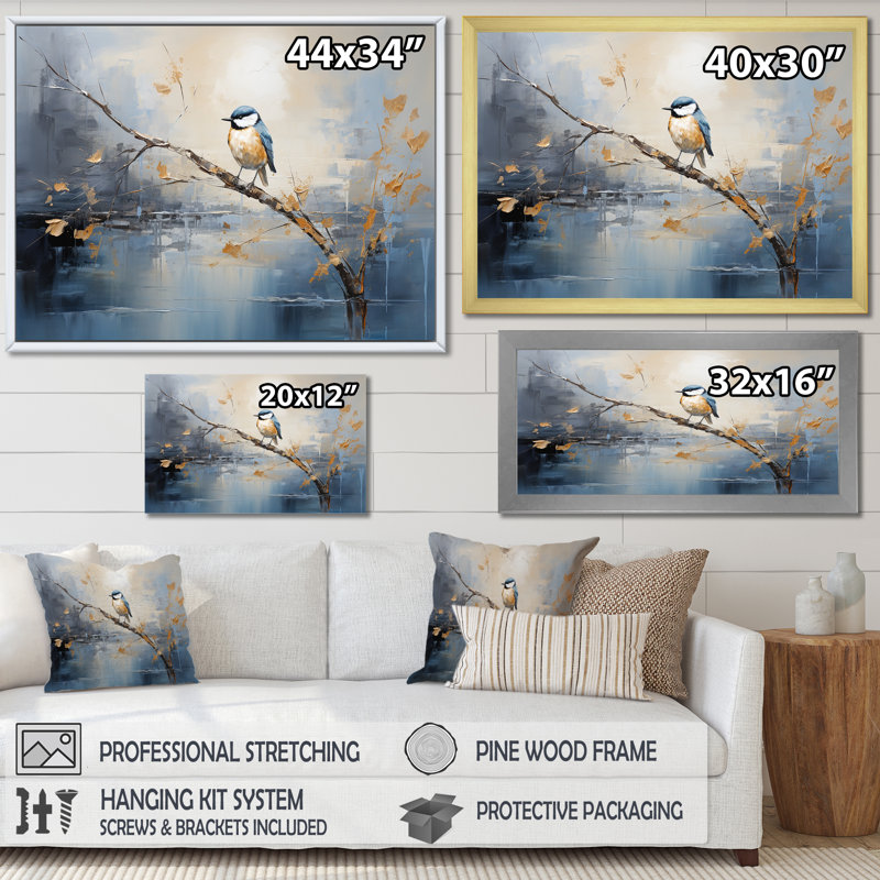 Art mural doré et bleu au printemps I - oiseau sur un arbre, Cadre d'angle fermé noir, H 24 po x l 32 po x P 1 po