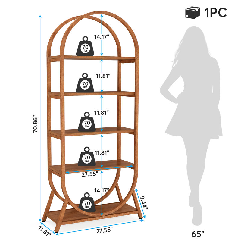 70.87" H X 27.55" W 5-Tier Arched Bookcase, Modern Freestanding Display Shelving Unit for Bedroom, Living Room, Brown