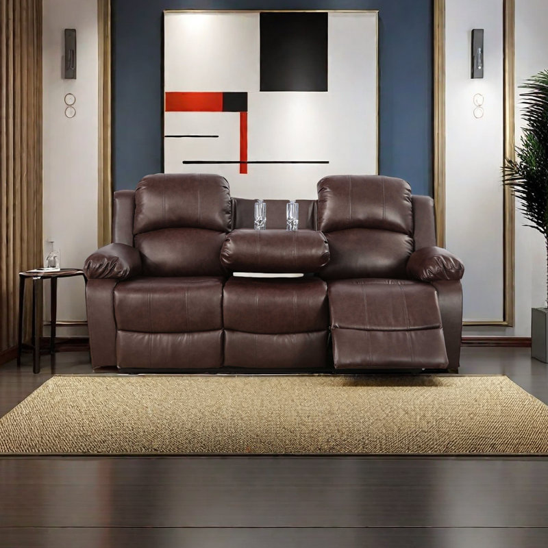Jaci 78.5" Vegan Leather Reclining Sofa with Drop down table, Brown 