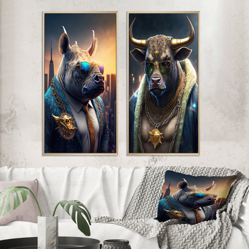 «Rhino Gangster In NYC», 2 pièces sur toile, Encadrement brun, H 20 po x l 24 po