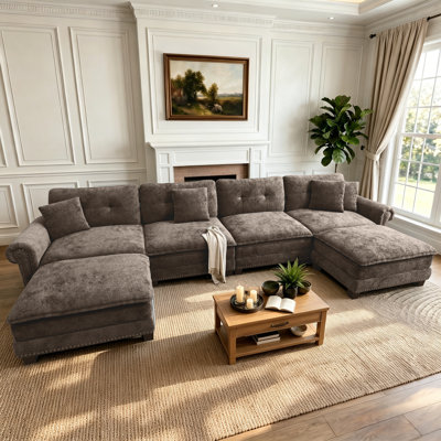 150" Modular Sectional Sofa with 2 Ottomans, Oversized U-Shaped Deep Seat Couch in Chenille with Nailhead Trim