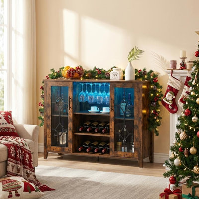 Bar avec porte en verre à lumière DEL, armoire à vin avec porte-bouteilles et porte-verres, table basse avec rangement et tablettes réglables pour la maison, l 47,2 po x P 15,7 po x H 34,6 po
