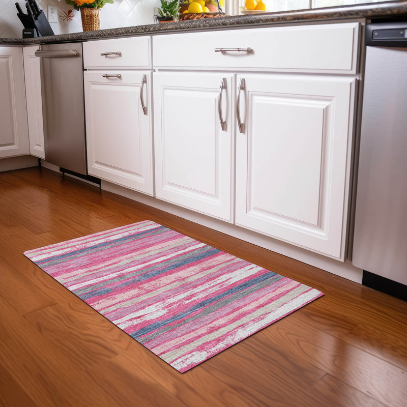 Addison Pink Stripe Synthetic Washable Rectangular Rug 1'8" x 2'6"