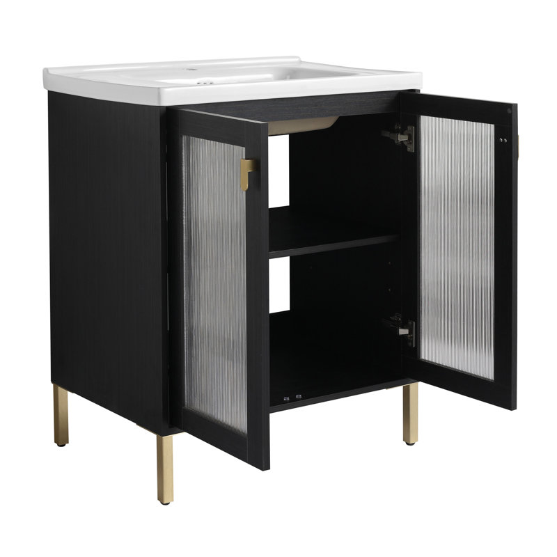 Meuble-lavabo élégant avec lavabo en céramique et porte à fermeture douce, offrant fonctionnalité et élégance.