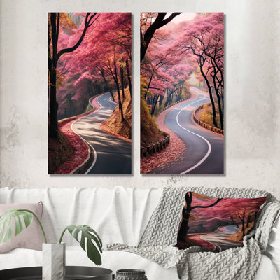 «Pink Blooming Road Into The Forest I», ensemble de 2 impressions sur toile routières